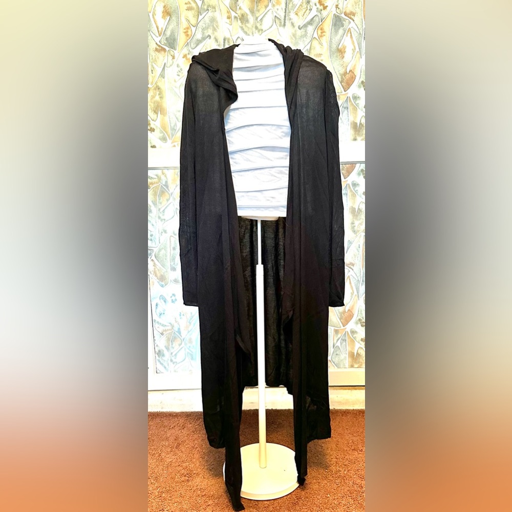 Asymmetrical sheer duster with hood.
